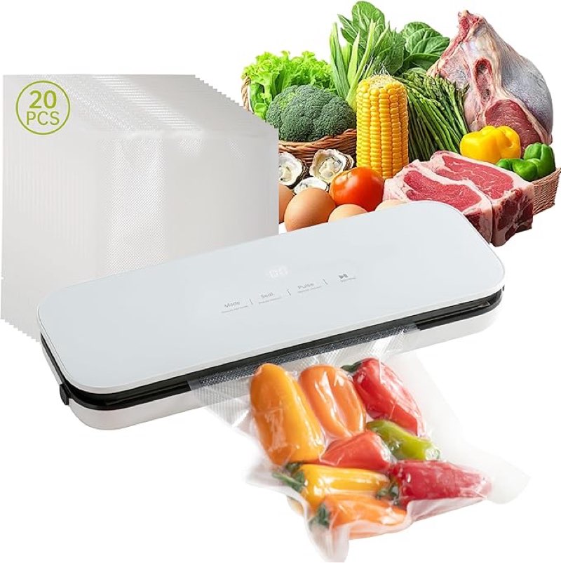 Vacuum Sealer For Food,6-In-1 Food Sealer Machine with 20 Large Vacuum Bags,Built-In Water Tank&Cutter,Powerful Low- Noise Food Saver with Glass Touch Screen,Black