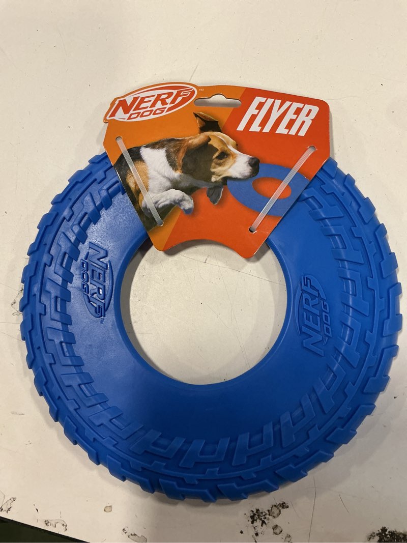 Condition photo showing New/Like New for Nerf Dog Rubber Tire Flyer Dog Toy, Flying Disc, Lightweight, Durable, Floats in Water, Great for Beach and Pool, 10 Inch Diameter, for Medium/Large Breeds, Single Unit, Blue, Original