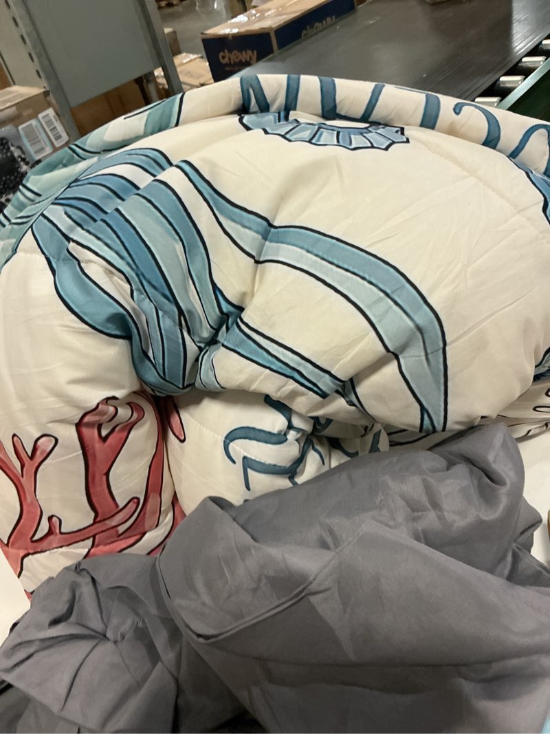 Condition photo showing As Is for nesker 7 pcs comforter set queen size, nautical coastal seahorse bedding set for kids and adults, coral shell sea ocean bed sheet set with fitted sheet 2 pillowcases & 2 shams queen sea life