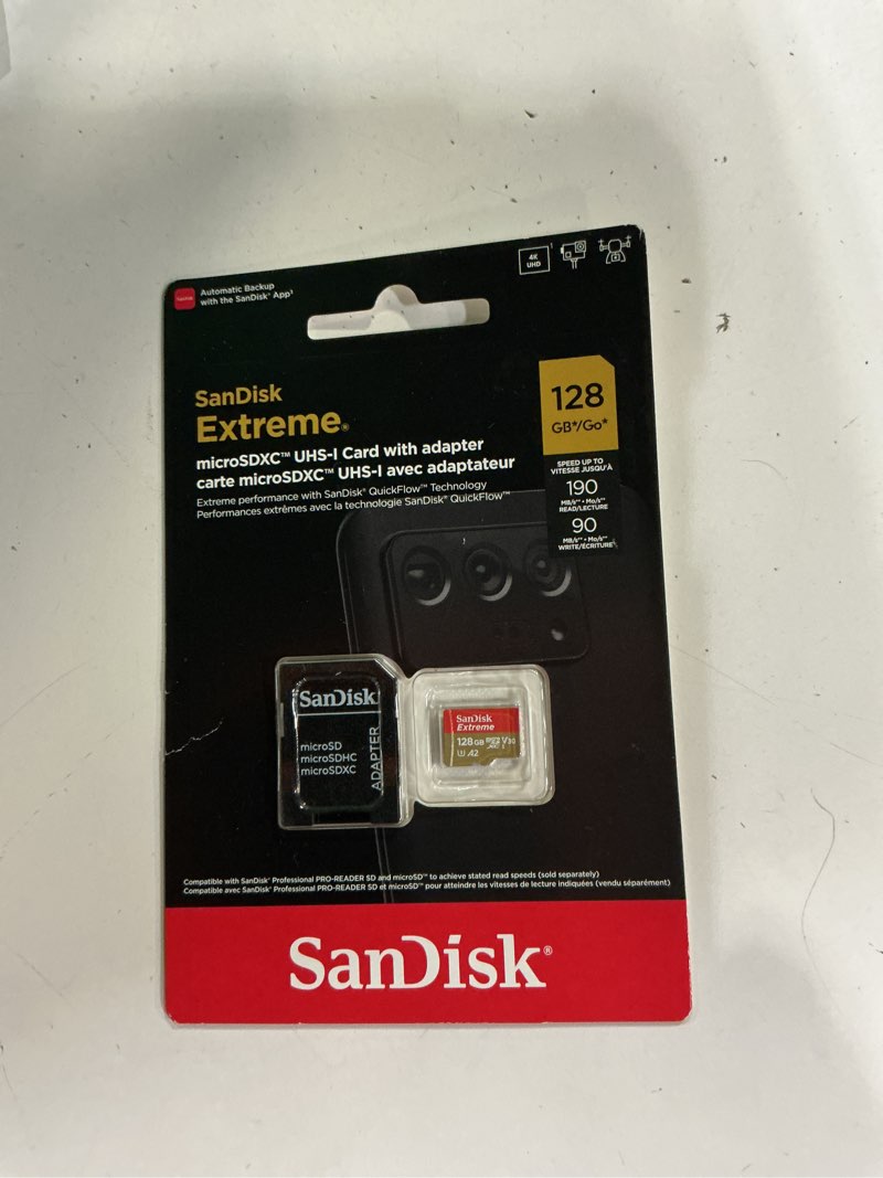 Condition photo showing New/Like New for sandisk 128gb extreme microsdxc uhs-i memory card with adapter - up to 190mb/s, c10, u3, v30, 4k, 5k, a2, micro sd card - sdsqxaa-128g-gn6ma