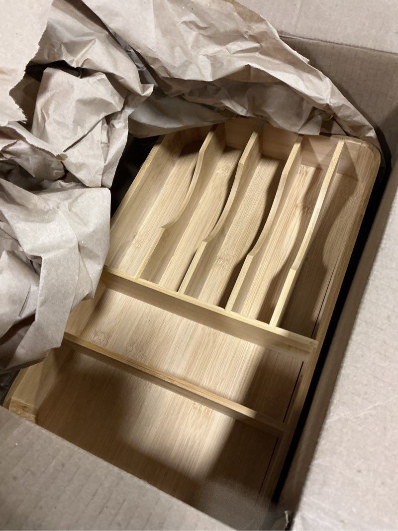 Condition photo showing Good Condition for KitchenEdge Silverware Organizer - Cutlery, Flatware, and Utensil Holder for Kitchen Drawers, Fixed 10.5” Width, 7 Storage Compartments, Non-Slip Feet, Rounded Corners, 100% Bamboo Natural Bamboo