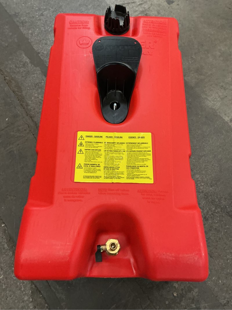 Condition photo showing As Is for Scepter Duramax 14 Gallon Wheeled Utility Transfer Tank with Manual Pump, Red – Portable Rolling Container with 10-Foot Hose for Equipment, Tractors, Boats, Jet Skis, ATVs and Jobsite Transport