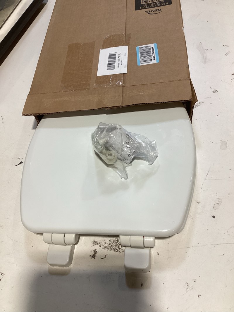 Condition photo showing As Is for mayfair linden slow close toilet seat, non slip heavy duty wood, easy install, elongated, white elongated traditional hinge