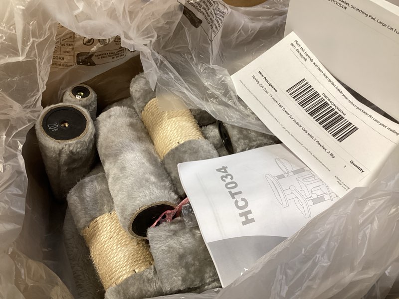 Condition photo showing Good Condition for heybly cat tree, 71-inch-tall tower for indoor cats with 2 perches, 2 big condos, 2 hammocks, basket, scratching pad, large cat furniture and condo, light gray hct034w 71 inch light gary