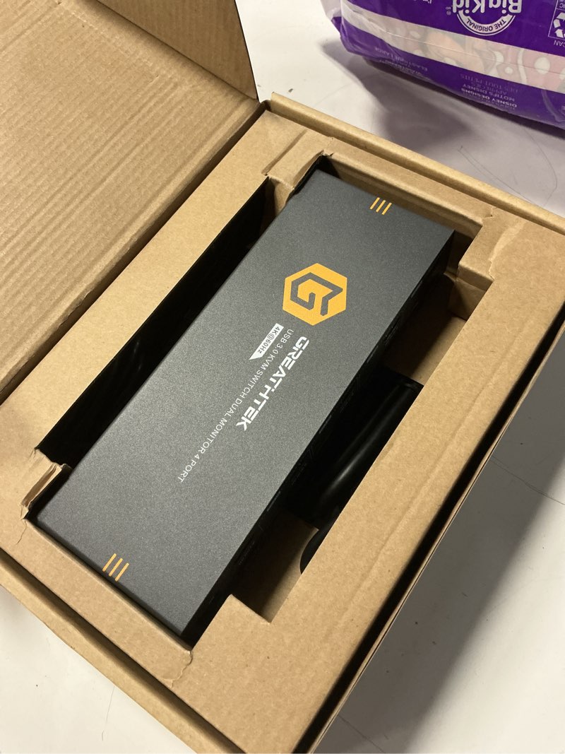 Condition photo showing Good Condition for hdmi kvm switch 4 computers 2 monitors with 3 usb3.0 ports, 4k@60hz dual monitor kvm switch 4 port for 4 pcs share 2 monitors, support button switch, adaptive edid, 4 in 2 out usb3.0+4 in 2 out