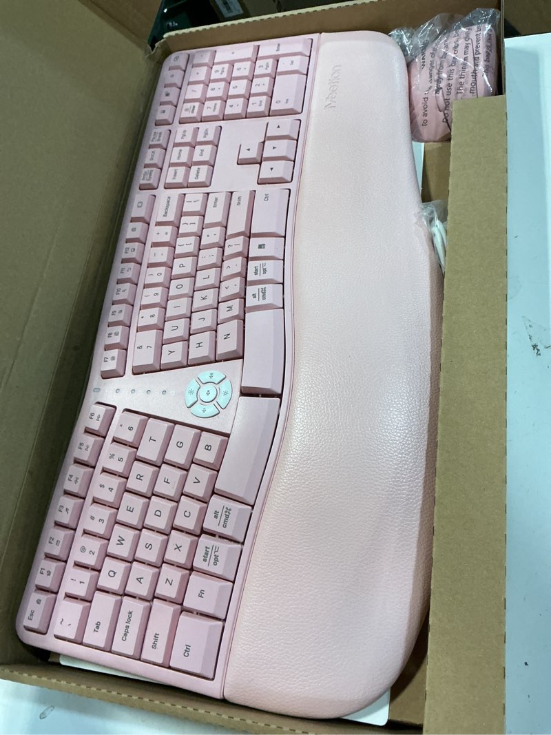 Condition photo showing Good Condition for meetion ergonomic keyboard and mouse combo, 2.4g cordless split keyboard with cushioned palm rest, vertical wireless mouse, natural typing full size keyboard, for windows/mac pink large pink new