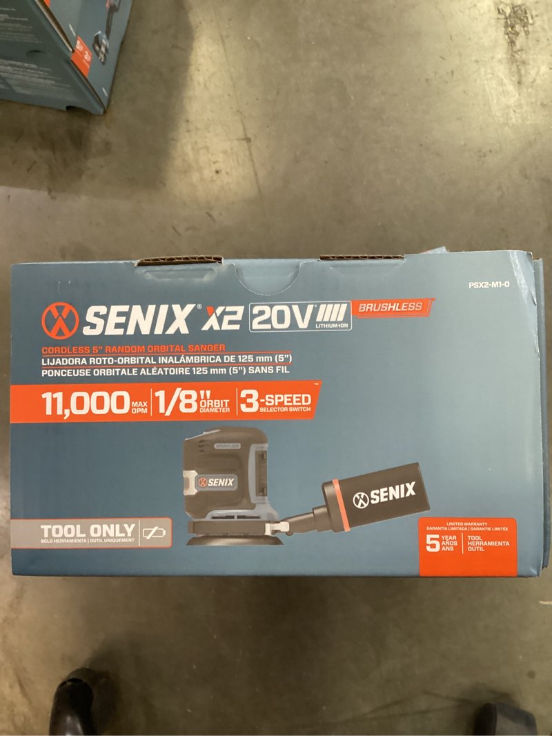 Condition photo showing New/Like New for senix 20v cordless 5-inch 3-speed orbital sander (brushless motor + led light + dust collection adaptation, no battery)