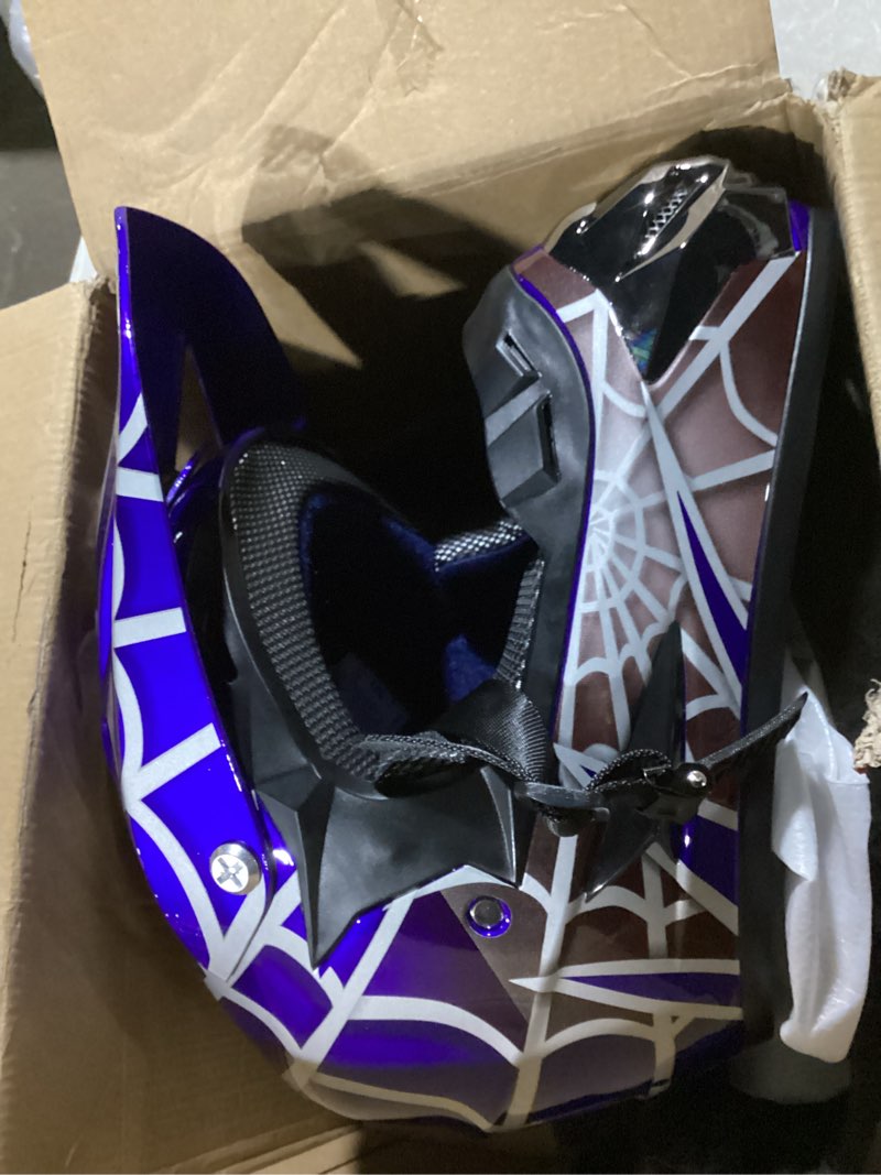 Condition photo showing Good Condition for Youth Dirt Bike Helmet DOT Certified for Boys & Girls Ages 5-14, Four Wheeler, Motocross, BMX, MX, UTV, Go Kart, Racing, Skateboard, Baseball Blue Cobweb Small