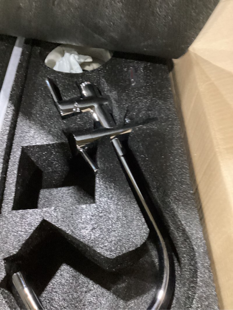 Condition photo showing Good Condition for chrome freestanding bathtub faucet, high-arc spout solid brass floor mounted tub filler faucet with handheld shower