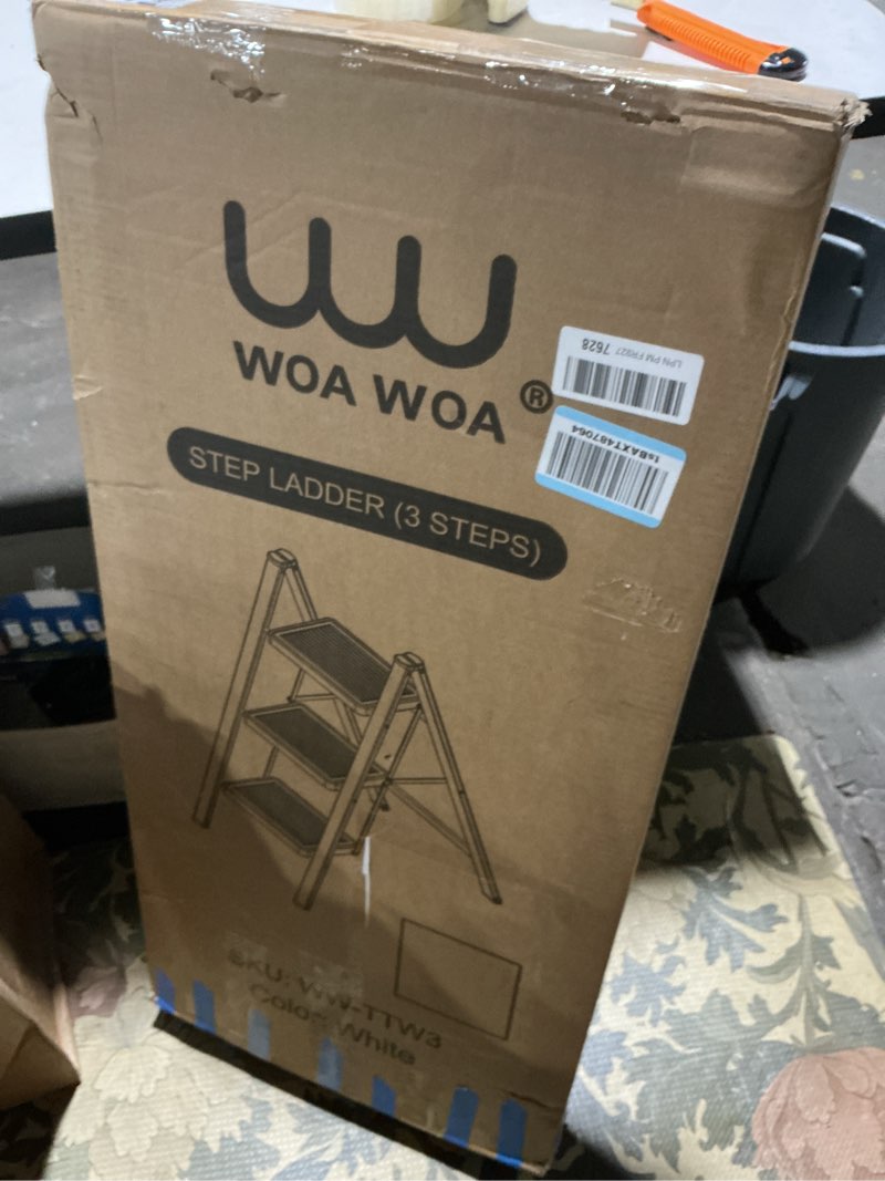Condition photo showing As Is for WOA WOA 3 Step Ladder, Folding Step Stool with Wide Pedals, Compact Stepping Stool for Kitchen, Sturdy Steel Ladders with Anti-Slip Feet, Supports up to 330 lbs - White White 3 Step