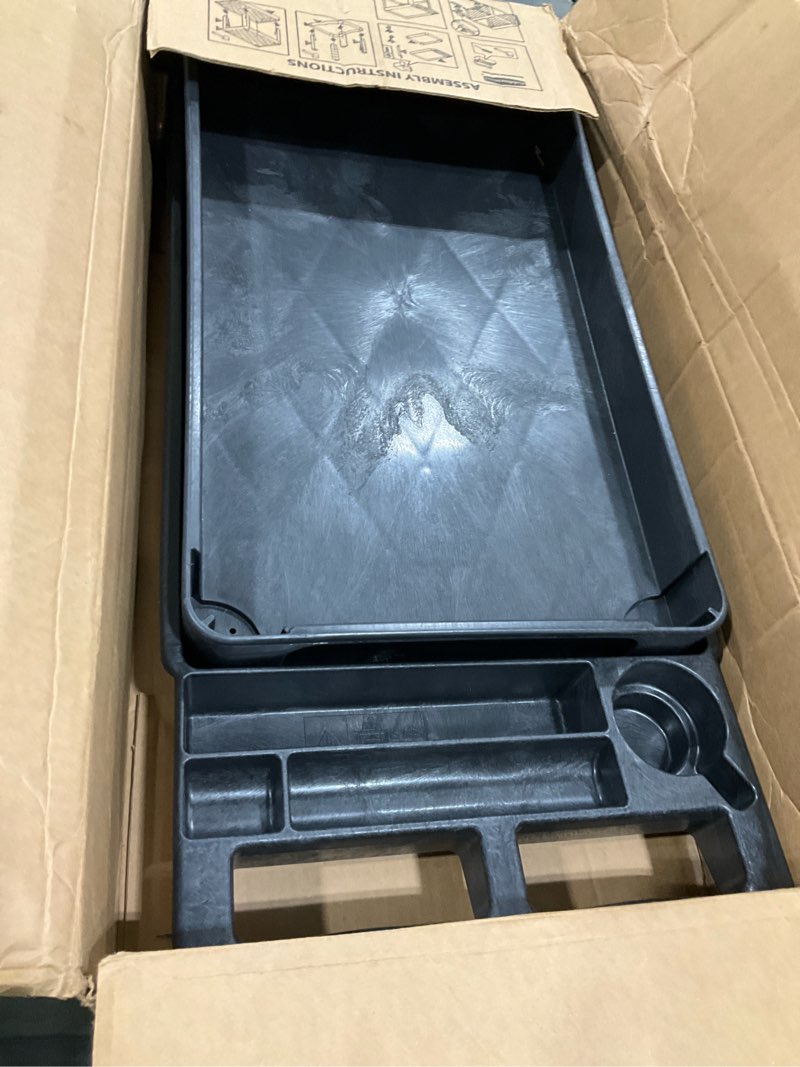 Condition photo showing As Is for Rubbermaid Commercial Products 2-Shelf Utility/Service Cart, Small, Lipped Shelves, Storage Handle, 500 lbs. Capacity, for Warehouse/Garage/Cleaning/Manufacturing Small Black