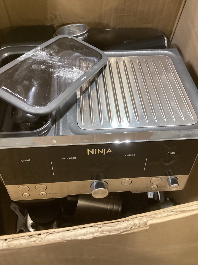Condition photo showing As Is for ninja luxe café premier 3-in-1 espresso machine, drip coffee, & rapid cold brew | built-in coffee grinder, hands-free milk frother, assisted tamper for cappuccinos & lattes | stainless steel | es601 luxe cafe stainless steel
