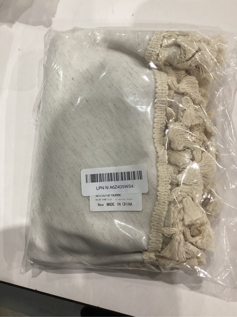 Condition photo showing As Is for MYSKY HOME Table Cloth 60 in Round Cotton Tablecloth, Heavy Duty Linen Look Waterproof Tablecloths Farmhouse Tablecloth, Soft and Wrinkle Free Table Cover with Beige Tassels for Kitchen Dining, Party 60" (Round) Beige Tassels