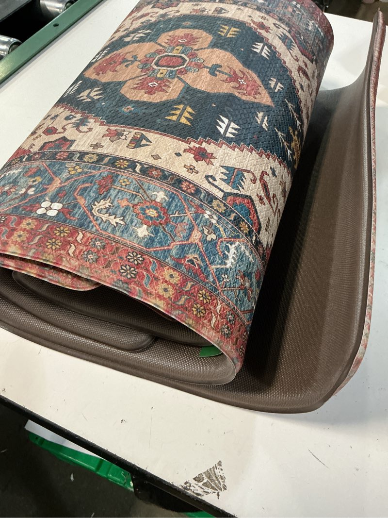 Condition photo showing Good Condition for kimode farmhouse kitchen mats, anti fatigue kitchen rugs sets of 2, non slip waterproof kitchen floor mats, ergonomic cushioned comfort standing mat, red laundry room rug for office, sink, desk 17.3" x 47 "+ 17.3" x 29 "--0.47 inches red floral