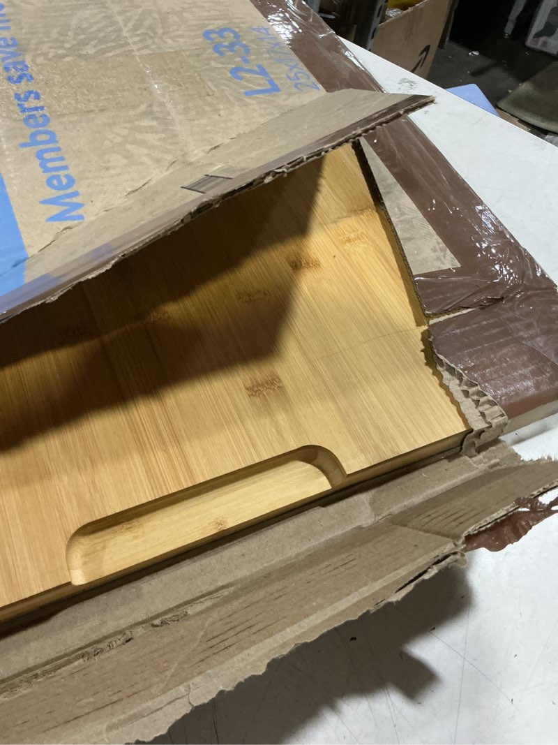 Condition photo showing As Is for allsum 30x20" bamboo cutting board for kitchen, extra large wood charcuterie board with side handles and juice grooves, stove top cover, noodle board over sink, cheese serving tray 30"l x 20"w