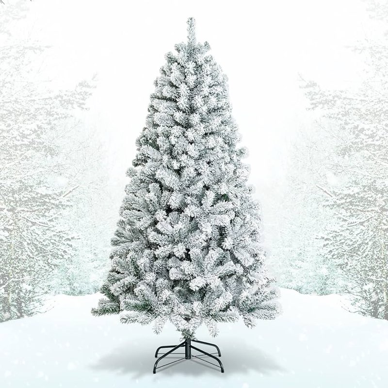 6Ft Unlit Flocked Christmas Tree,White Artificial Premium Hinged Spruce Snow Xams Tree with 1100 PE 