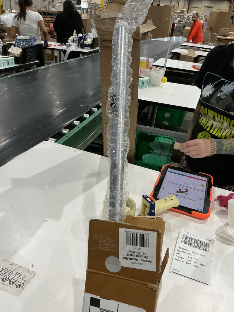 Condition photo showing Good Condition for elrene home fashions florence single curtain rod with stacked square finials, 1" diameter, (polished nickel), (48x86) 48" - 86" adjustable rod polished nickel