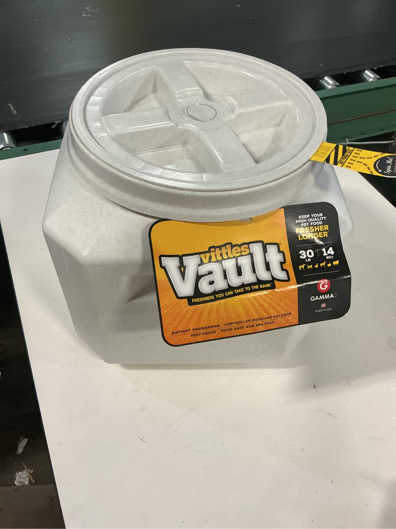 Condition photo showing New/Like New for gamma2 vittles vault dog food storage container with airtight lid, holds up to 25-30 pounds of dry pet food, cat kibble and bird feed, bpa free, made in usa