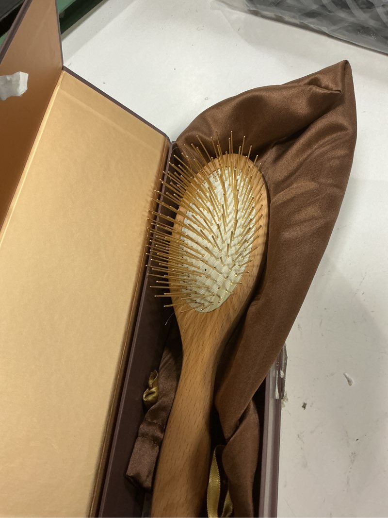 Condition photo showing Good Condition for snow fox skincare gua sha hair brush - wooden edition. scalp massage comb with gold-plated metal bristles for healthy follicles. soothing gua sha acupressure tool for all hair types