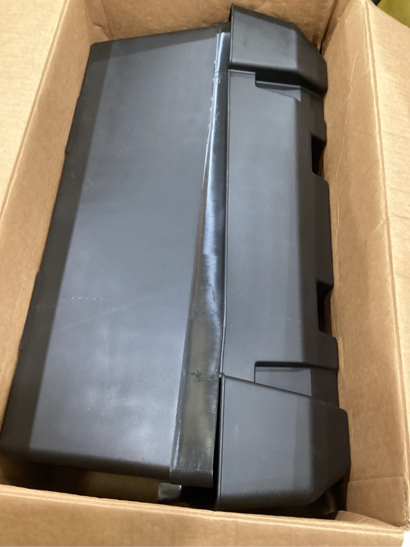 Condition photo showing As Is for camco double battery box - safely stores rv, automotive, and marine batteries - features a heavy-duty corrosion-resilient polymer construction and measures inside 21-1/2" x 7-3/8" x 11-3/16" (55375) frustration free packaging double battery box