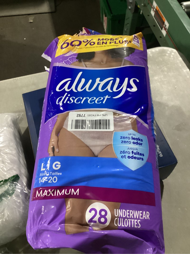 Condition photo showing Good Condition for Always Discreet Adult Incontinence Underwear for Women and Postpartum Underwear, Large, Up to 100% Bladder Leak Protection, 28 Count Large 28
