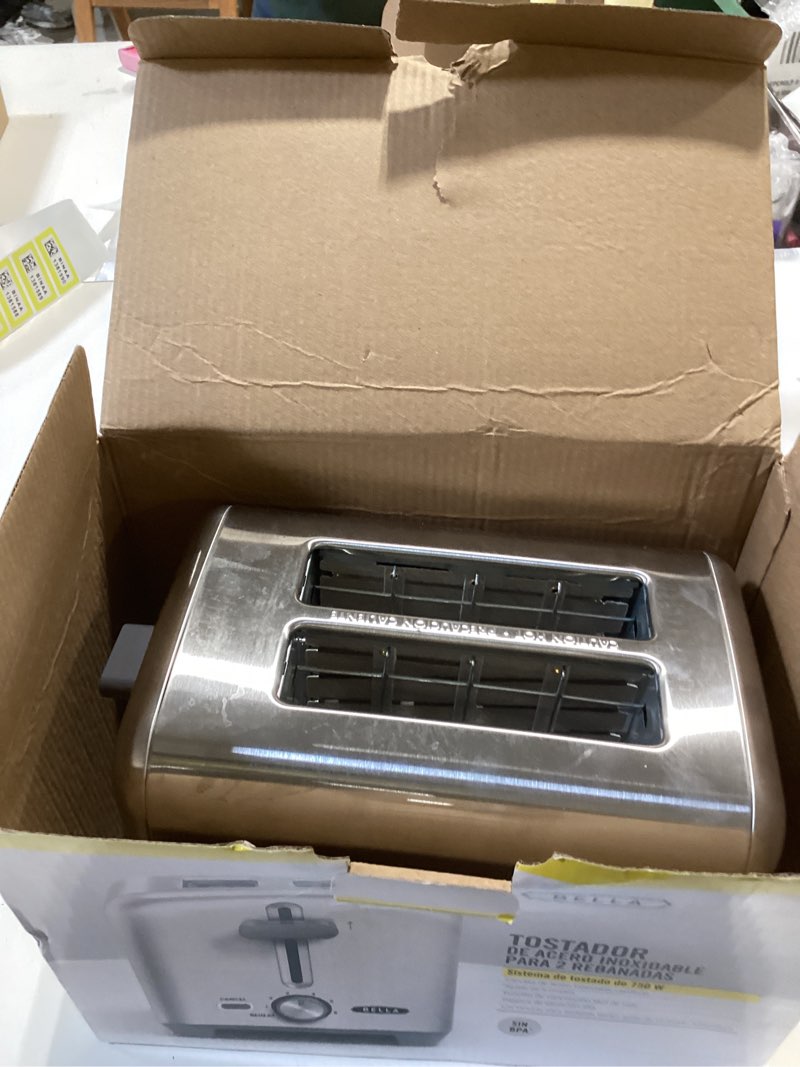 Condition photo showing As Is for bella stainless steel 2 slice toaster with extra wide slots & removable crumb tray - 6 browning options, auto shut off & reheat function - toast bread, bagel & waffle 2 slice stainless steel