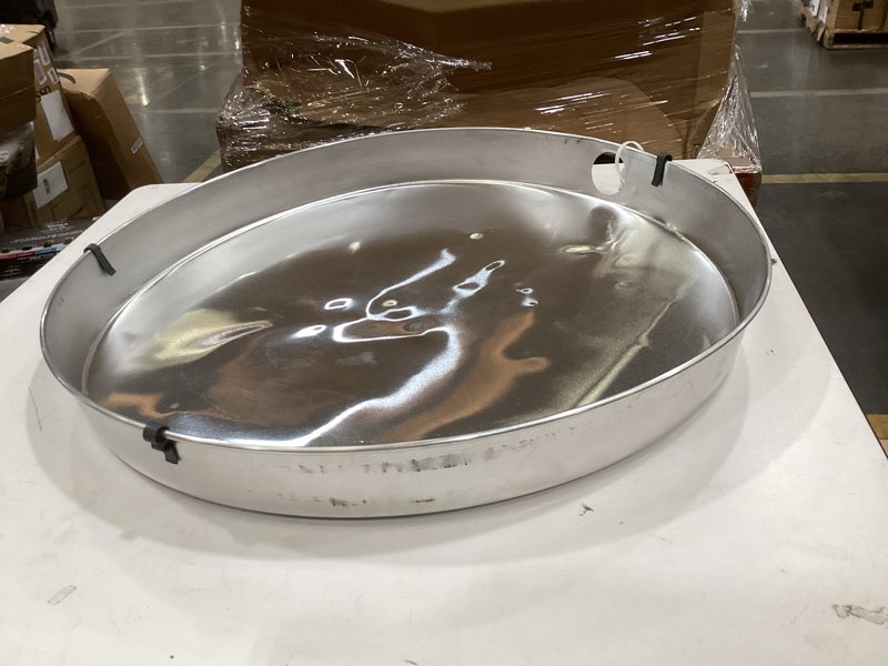 Condition photo showing As Is for oatey 34082 water heater pan, 22-inch, white/aluminum 22 inch