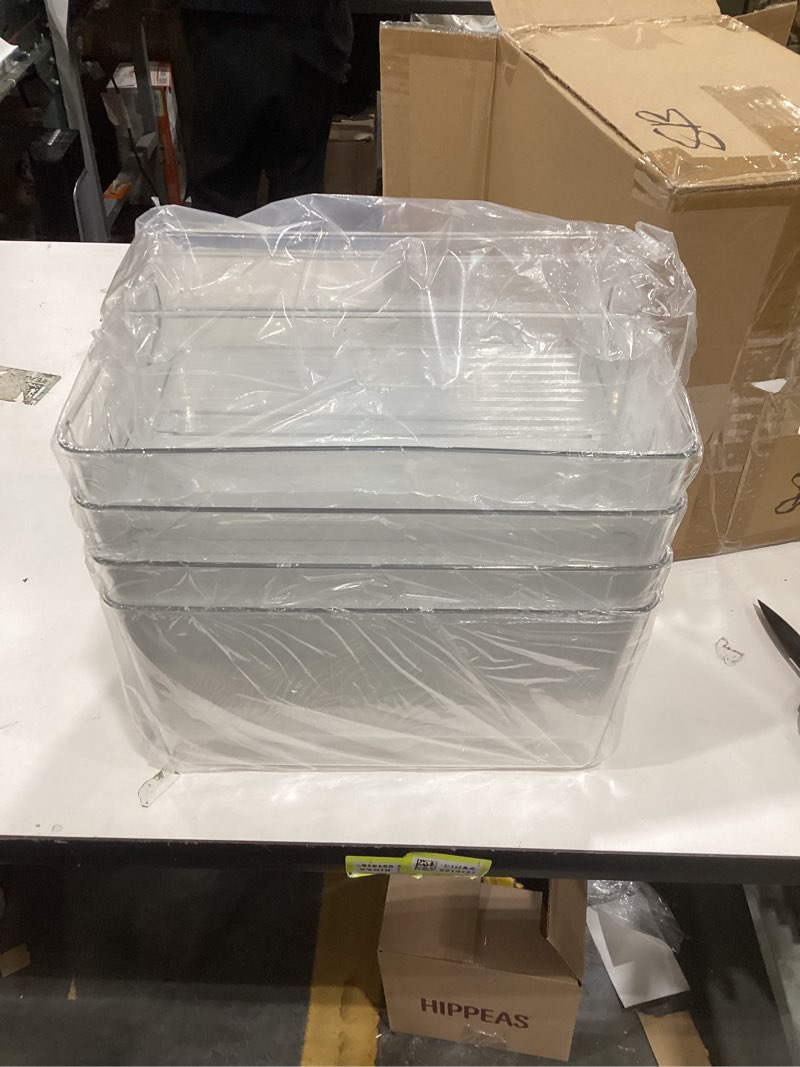 Condition photo showing New/Like New for set of 8 clear plastic storage bins, 4 large and 4 small stackable storage containers for pantry organization and kitchen storage bins,home edit and cabinet organizers w-01