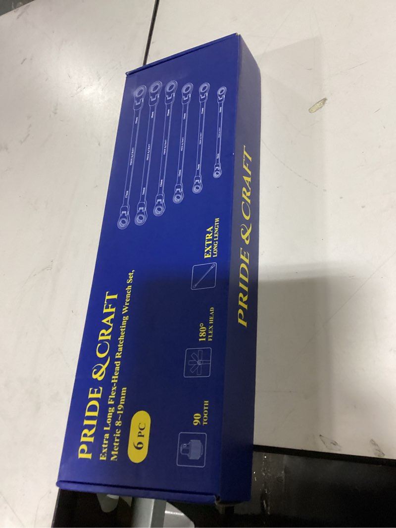 Condition photo showing New/Like New for pride&craft 6-piece extra long flex head ratcheting wrench set - metric double box end (8-19mm), cr-v steel, 90-tooth ratchet wrench for automotive repair, eva organizer