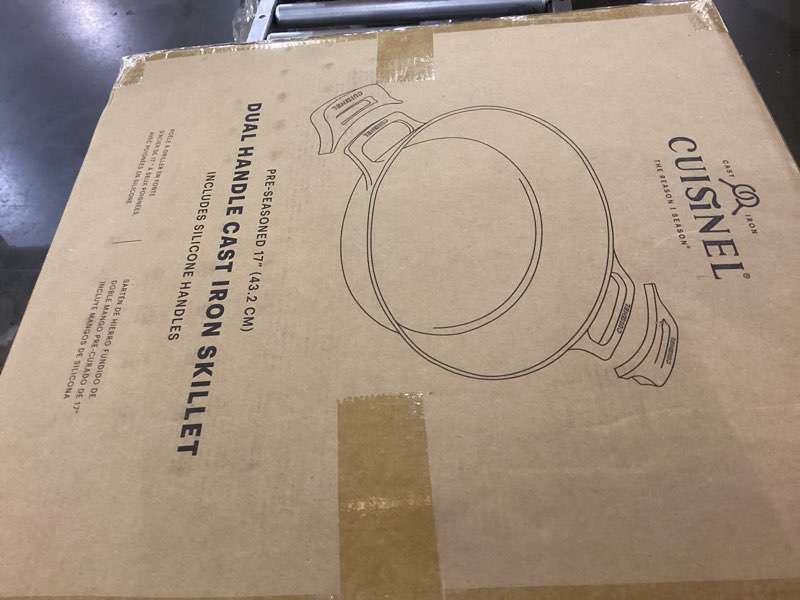 Condition photo showing New/Like New for Cuisinel Cast Iron Skillet + Chainmail Scrubber Cleaner - 17"-Inch Dual Handle Braiser Frying Pan + Silicone Handle Covers - Pre-Seasoned Oven, Grill, BBQ, Stovetop, Fire Cookware - Indoor/Outdoor Use 17" Cast Iron Braiser + Scrubber