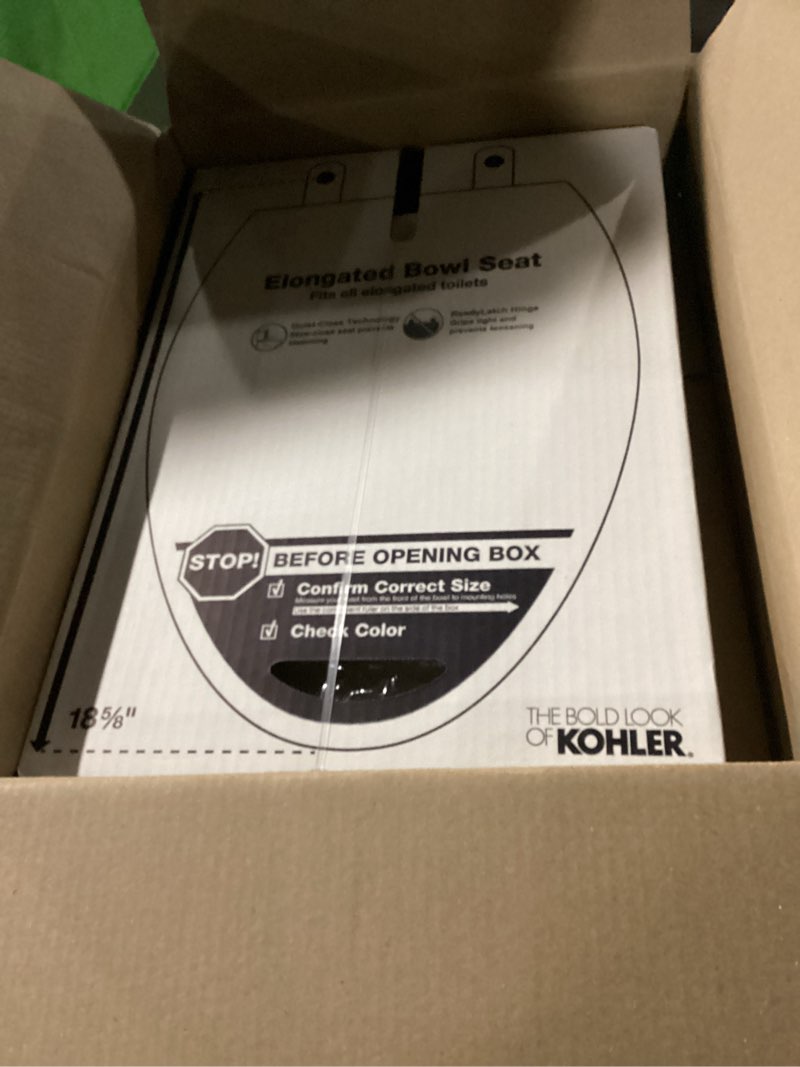 Condition photo showing New/Like New for KOHLER 4636-RL-0 Cachet ReadyLatch Elongated Toilet Seat Slow Close, Soft Close Toilet Seat Quiet Lid, Contoured Grip-Tight Bumpers Installation Hardware, Apartment Essentials, White White Elongated Ready Latch