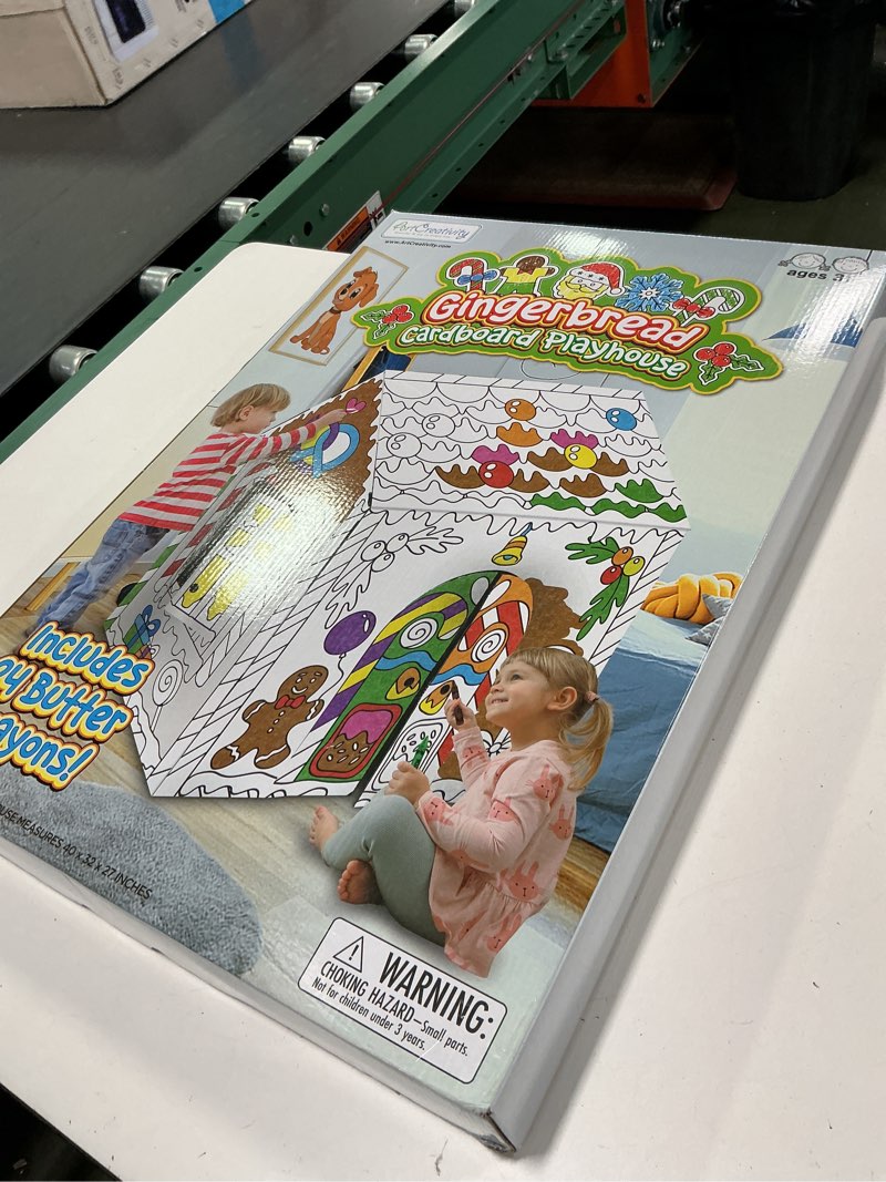 Condition photo showing New/Like New for ArtCreativity Gingerbread House Craft Kit for Kids with 24 Butter Crayons - Black and White Gingerbread Cardboard Playhouse to be Colored - Mess-Free Coloring Fun Kids Christmas Activities Ages 3-9