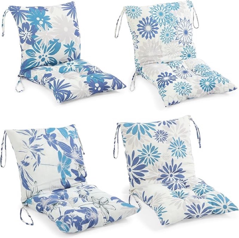 barydat 4 pcs outdoor patio chair cushions with back, 21.7 x 43.3 inch decorative dining back cushions with tie buffalo plaid indoor outdoor for patio furniture (vivid color,blooming flowers)