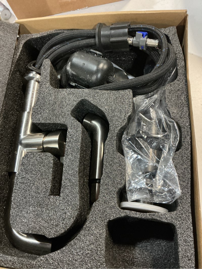 Condition photo showing As Is for kenes single hole bathroom faucet with pull out sprayer, brushed nickel single handle pull down bathroom faucets, vanity faucet with pop up drain & deck plate, lj-9055a