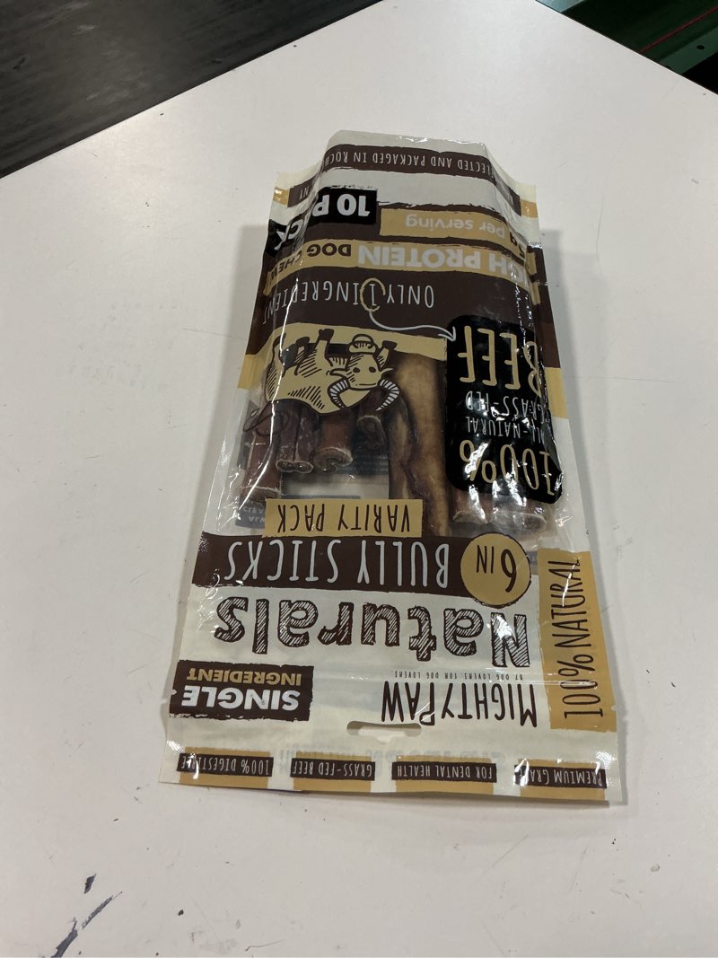 Condition photo showing New/Like New for (exp:09.30.2027)mighty paw naturals variety pack bully sticks for dogs - grass fed beef chews. dog bully sticks for large pets, medium and small breeds. lower odor treats for small pets. single ingredient bully stick variety - 10 pack
