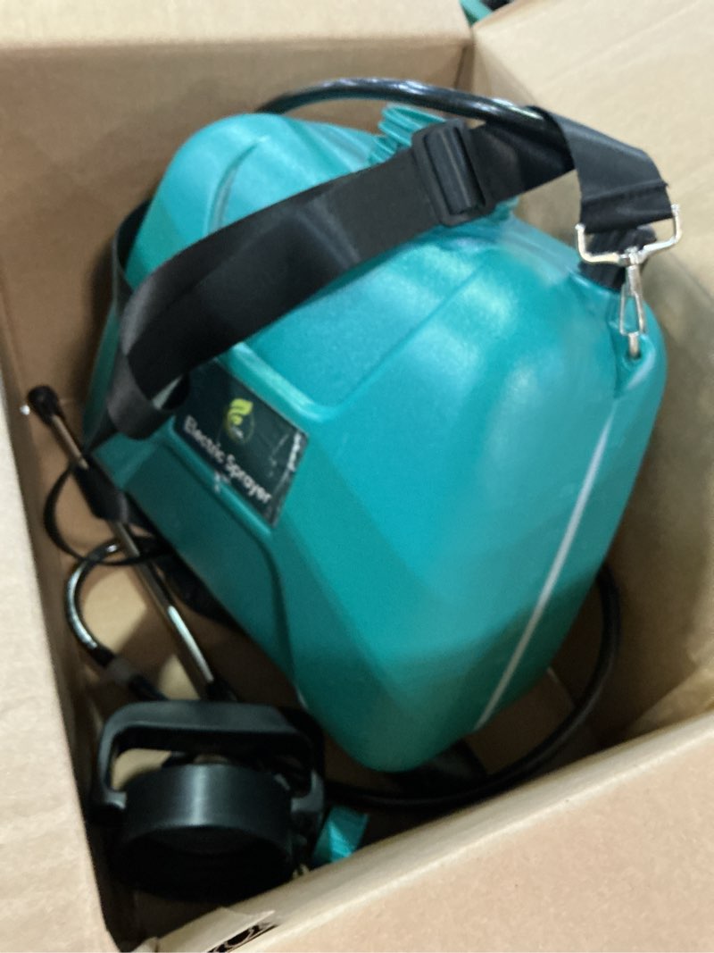 Condition photo showing As Is for 2 gallon battery powered garden sprayer, electric sprayer with usb rechargeable handle, 3 mist nozzles, retractable wand, water pump sprayers with adjustable shoulder strap for yard, lawn and garden 2 gallon blue-green