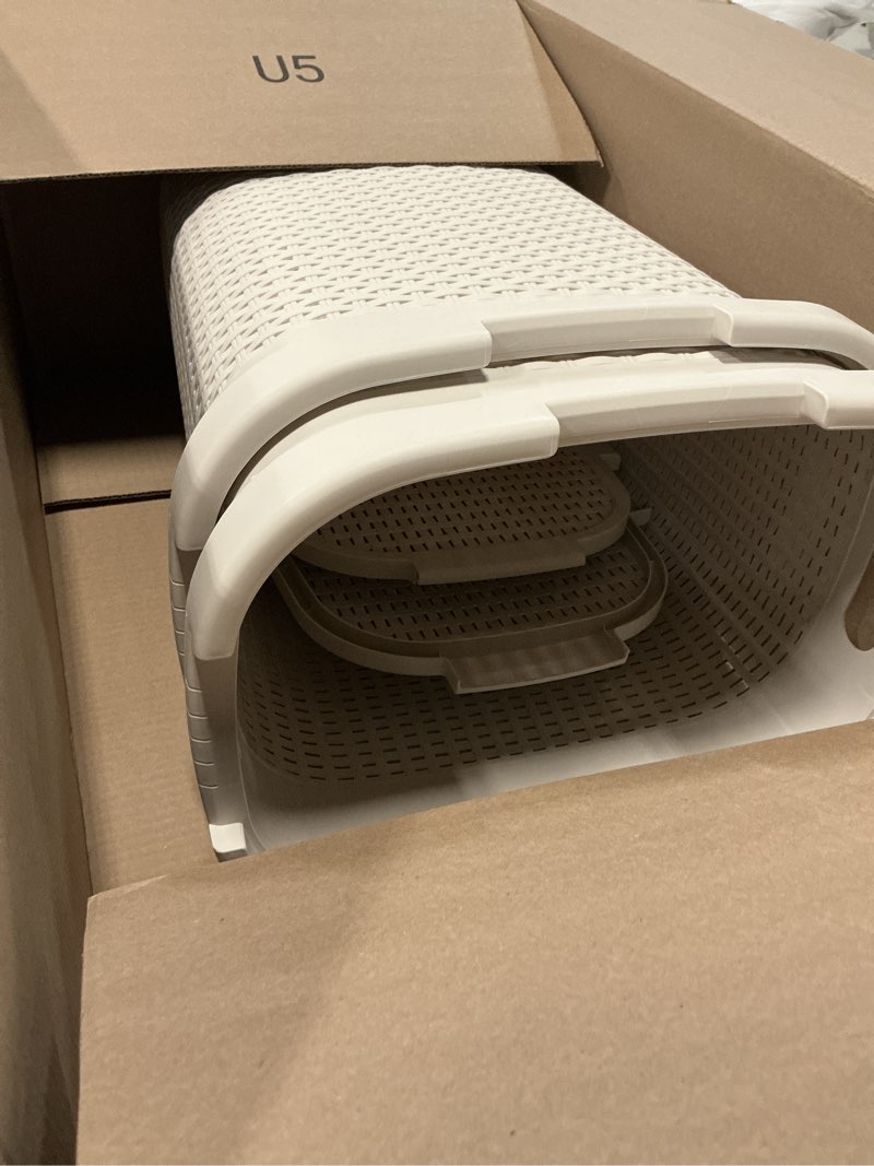 Condition photo showing Good Condition for mind reader slim laundry hamper with lid, 60l tall clothes basket, narrow tapered design for bathrooms, closets and laundry rooms, plastic, 2 pack, white white 2-pack