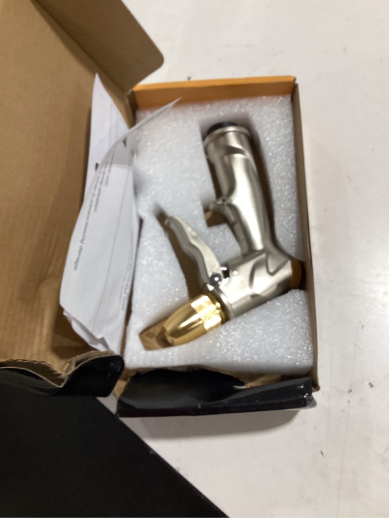 Condition photo showing As Is for fanhao upgraded garden hose nozzle sprayer, 100% heavy duty metal handheld water nozzle high pressure in 4 spraying modes for watering plants and lawn, car washing, patio and pet 4 spray patterns