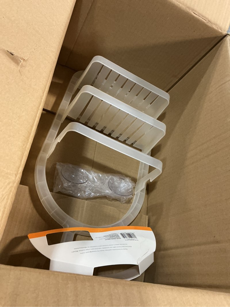 Condition photo showing As Is for kenney kn614000 over the shower head 20" l x 10" w x 5" d rust-proof plastic small 2-shelf hanging caddy with suction cups and razor holders for bathroom shower, frosted