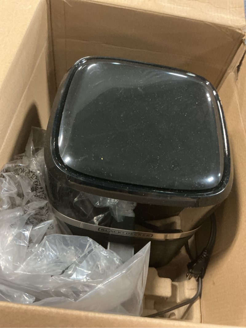 Condition photo showing As Is for black+decker purifry 2qt air fryer, crispy deep fried taste without the fat, plus bake, dehydrate, and keep food warm, digital touchscreen and auto shut-off 2 qt