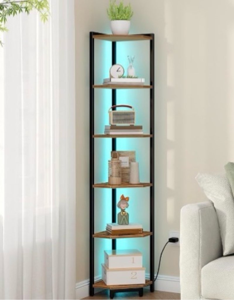 Hzuaneri Corner Shelf with LED Light, 6-Tier Corner Bookshelf, Tall Narrow Display Bookcase with Met