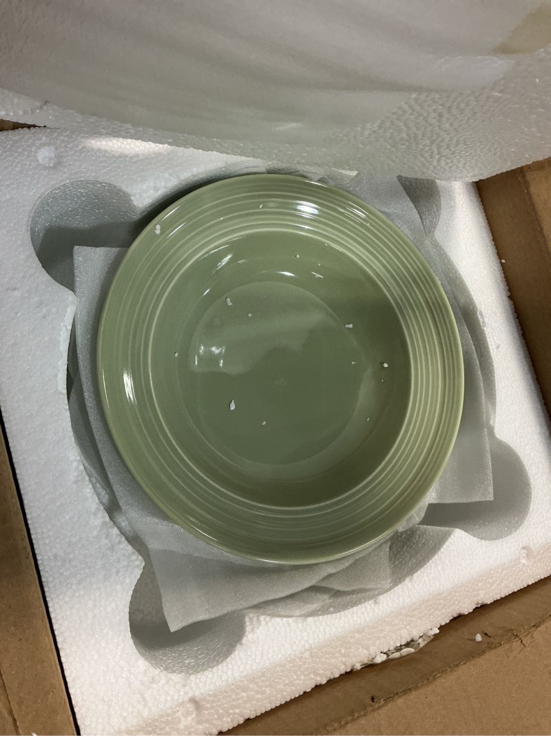 Condition photo showing New/Like New for wide rim soup bowls, 11oz small capacity rimmed pasta bowls set of 4, 8 inch ceramic salad bowl, shallow plates, elegant dinner cereal serving - microwave dishwasher oven safe - green