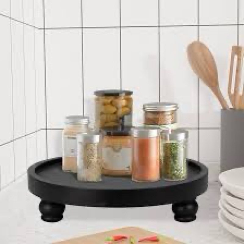 EOSAHR Modern Wood Riser for Display : Farmhouse Pedestal Stand for Kitchen Counter and Home Decor, Round Waterproof Display Tray for Soap on Sink (Black)