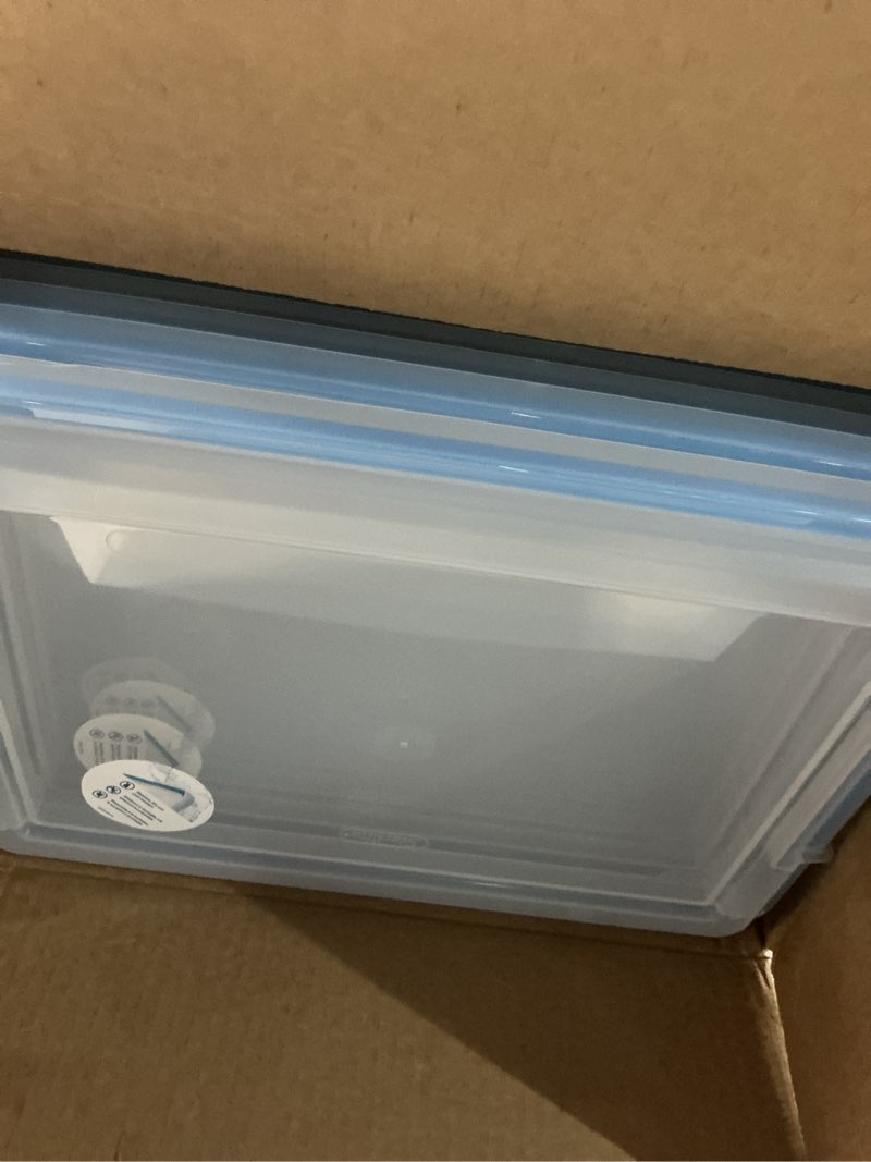 Condition photo showing Good Condition for Sterilite 20 Qt Gasket Box, Stackable Storage Bin with Latching Lid and Tight Seal, Plastic Container to Organize Basement, Clear Base and Lid, 6-Pack