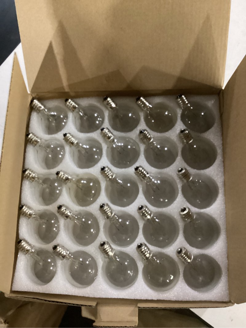 Condition photo showing New/Like New for (not tested)abeja g40 replacement light bulbs, 5w clear globe bulb fits e12/ c7 candelabra screw base sockets, 1.5 inch clear light bulbs for indoor outdoor patio decor, 25pack 25pk clear bulbs
