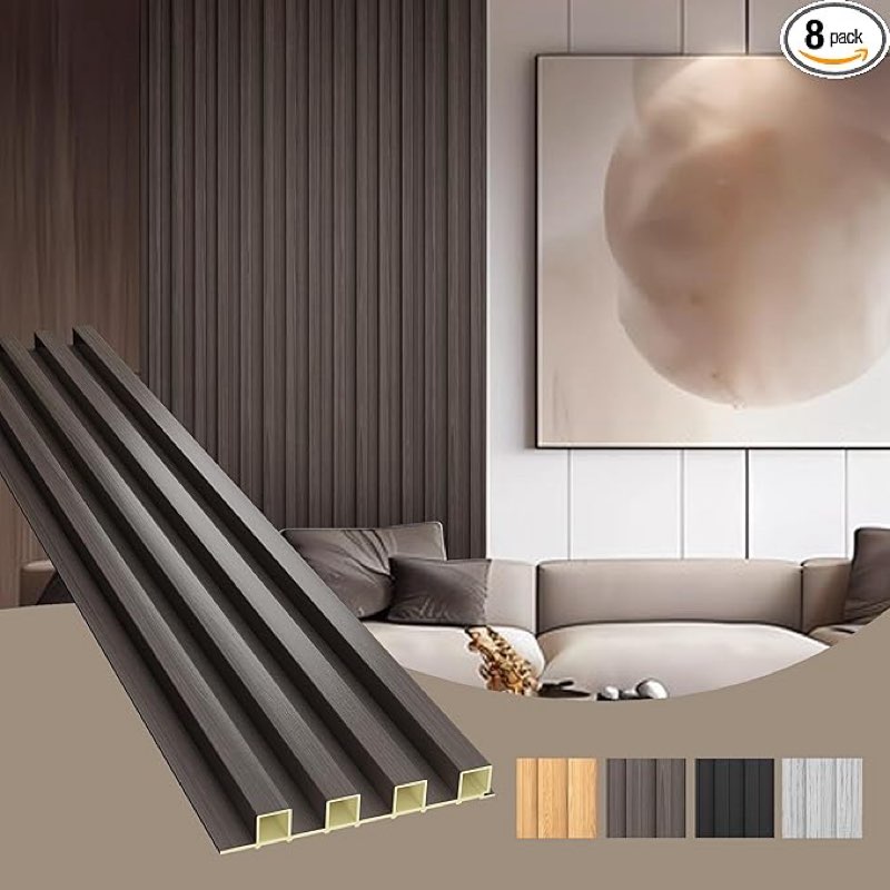 OUZUGIE WPC Acoustic Slat Wall Paneling, 8-Pack 116 x 6 Inches 3D Wall Panels for Interior Wall Decor,Living Room,TV Background,Study Room,Office Spaces,Bedroom,High Grille (Walnut)