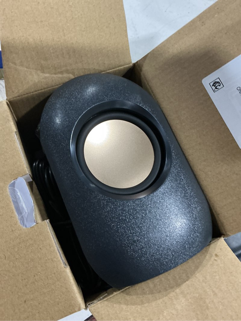 Condition photo showing As Is for onn. stereo speaker with volume controls, 3.6 ft 3.5mm aux with usb power cable