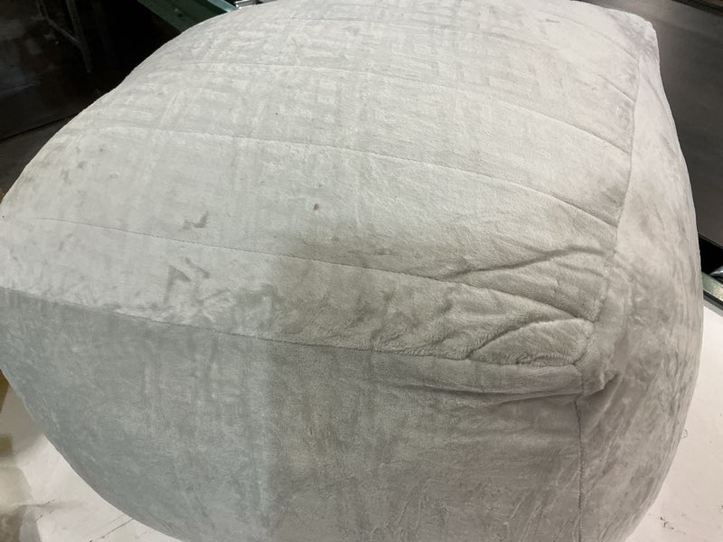 Condition photo showing As Is for memorecool square stuffed pouf ottoman foot rest, floor pouf foot stool with foam chunk filling, soft stuffed ottoman footrest for living room, light grey striped light grey square