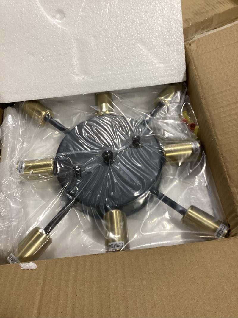 Condition photo showing As Is for Yunnix Semi Flush Mount 8 Light Gold Chandelier Sputnik Ceiling Metal Ceiling Light Gold Modern Dining Room Light Fixture for Farmhouse Kitchen Bedroom Bathroom Hallway Living Room Black and Gold