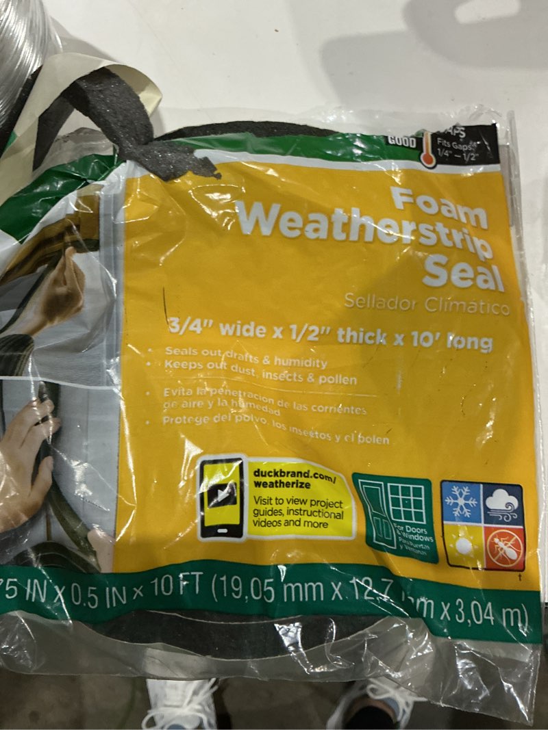 Condition photo showing As Is for duck brand black foam weatherstrip seals, 0.75 in. x 0.5 in. x 10 ft.
